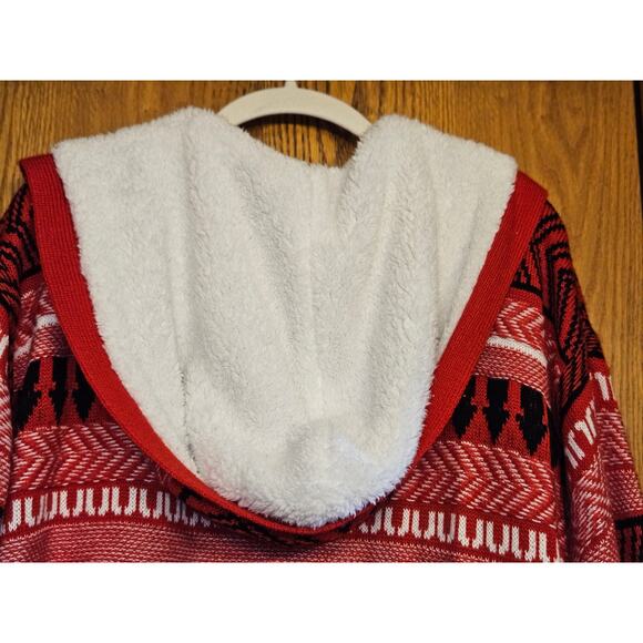 Women's Long Red Cardigan with Fuzzy Hood Size Large - Picture 8 of 8
